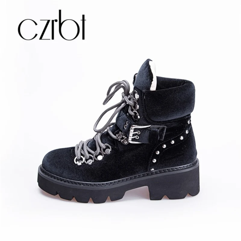 Czrbt 2018 зима новый золотой бархат bootie кружева пряжка с заклепками толстой подошве