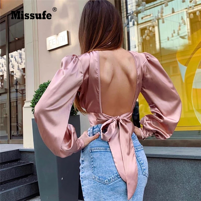 Missufe Blouse Women Glossy Shirts Sexy Backless Lace Up Bowknot Short Crop Tops Shirts Buttons Turtleneck Elegant Lady Blouse
Missufe Blouse Women Glossy Shirts Sexy Backless Lace Up Bowknot Short Crop Tops Shirts Buttons Turtleneck Elegant Lady Blouse