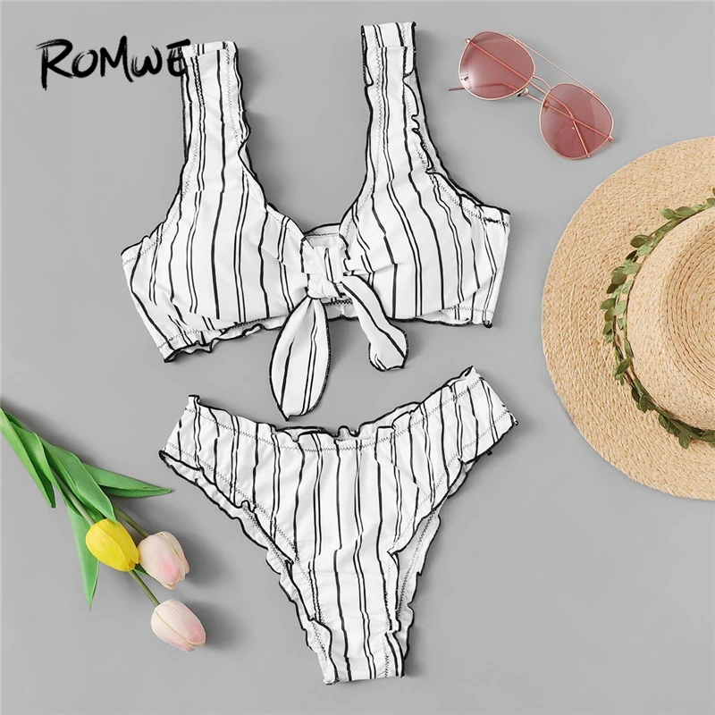 

Romwe Sport White Striped Frill Lettuce Trim Knot Top With High Cut Bottoms Bikinis Set Women Summer Plunge Neck Beach Swimsuit