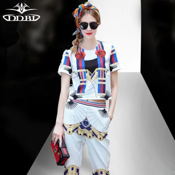 3d runway set 2pcs cropped top and long pants outfit two pieces set with 3d diamonds print clothing 17509