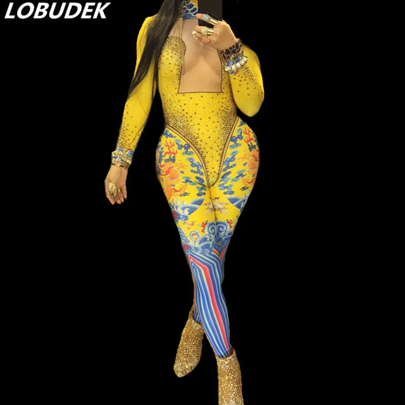 Gold Crystals Vintage Printing Stretch Jumpsuit Female Costume Nightclub Bar Women Singer Dance Performance Bodysuit Stage Wears
Gold Crystals Vintage Printing Stretch Jumpsuit Female Costume Nightclub Bar Women Singer Dance Performance Bodysuit Stage Wears