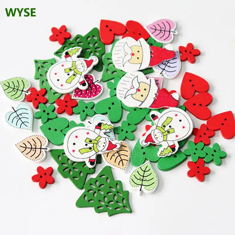 Scrapbooking Cardmaking Sewing Green Christmas Tree Snowflake Wooden Buttons