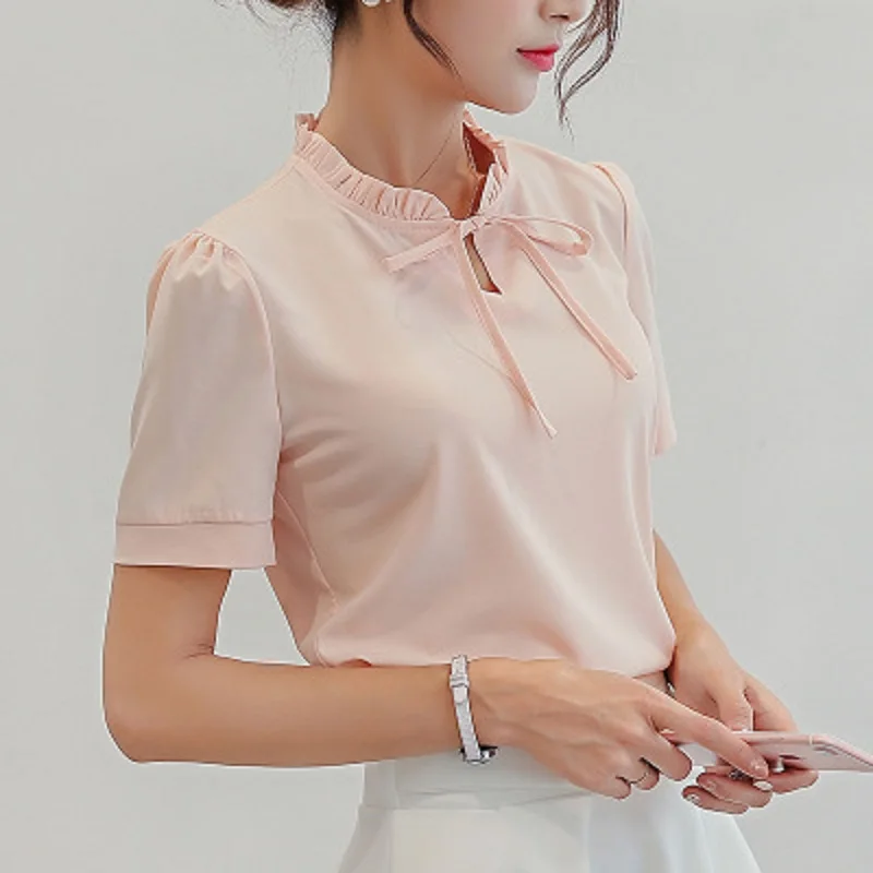 Summer 2019 Women Solid Short Sleeve Shirts Ladies Clothing Streetwear Slim Chiffon Ruffled Collar Blouse Elegant Women Tops
Summer 2019 Women Solid Short Sleeve Shirts Ladies Clothing Streetwear Slim Chiffon Ruffled Collar Blouse Elegant Women Tops