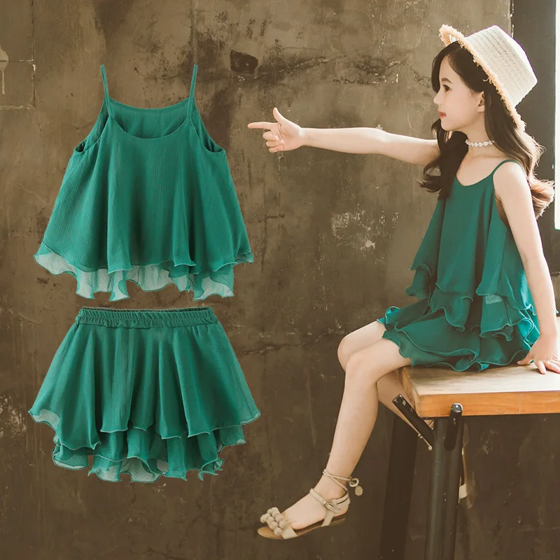 Girls Summer Clothes Green Outfits Teen Girls Strap Vest Tops+Shorts 2Pcs Clothing Set 6 8 10 12 Year Summer Chiffon Clothes Set
Girls Summer Clothes Green Outfits Teen Girls Strap Vest Tops+Shorts 2Pcs Clothing Set 6 8 10 12 Year Summer Chiffon Clothes Set