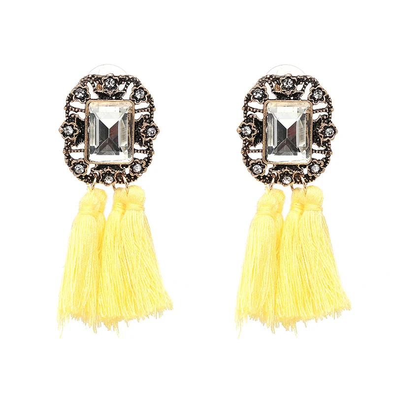 16 Colors, Crystal Square Tassel Stud Fringe Earrings