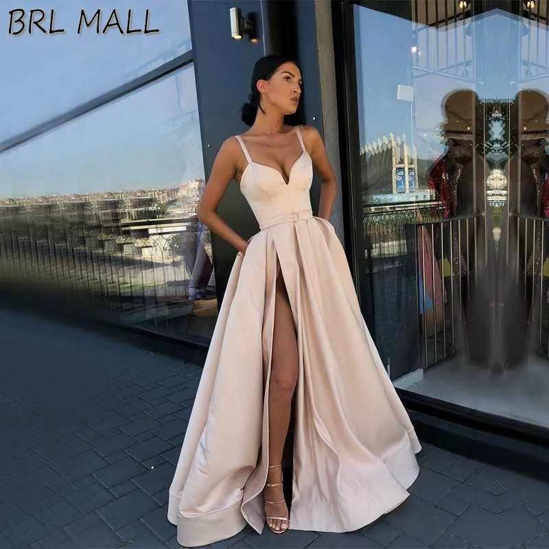 Spaghetti Straps 2019 Evening Dresses With Pockets High Slit Satin Formal Party Gowns Sweep Train Long Prom Dress Robe de soiree
Spaghetti Straps 2019 Evening Dresses With Pockets High Slit Satin Formal Party Gowns Sweep Train Long Prom Dress Robe de soiree