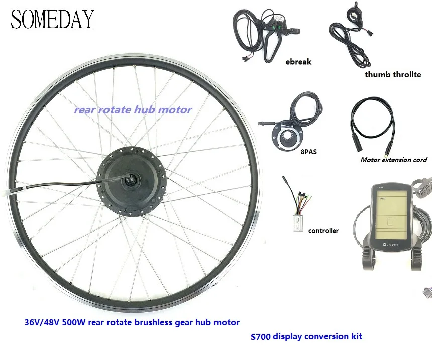 

Ebike conversion kit 36v/48v 500w rear rotate brushless gear hub motor with JN 22A controller S700/S800 display