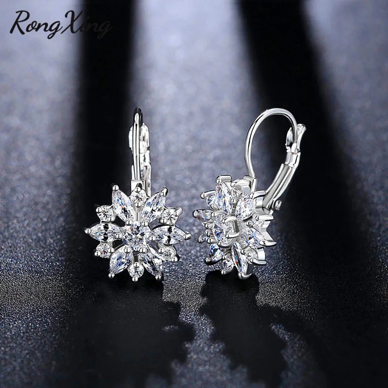 RongXing Shining White Snowflake Hoop Earrings For Women Silver/Gold Filled Marquise Cut Stone Zircon Birthstone Gifts | Украшения и