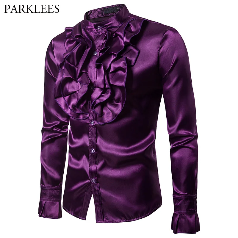 Рубашка мужская атласная фиолетовая шелковая Классическая рубашка под смокинг с