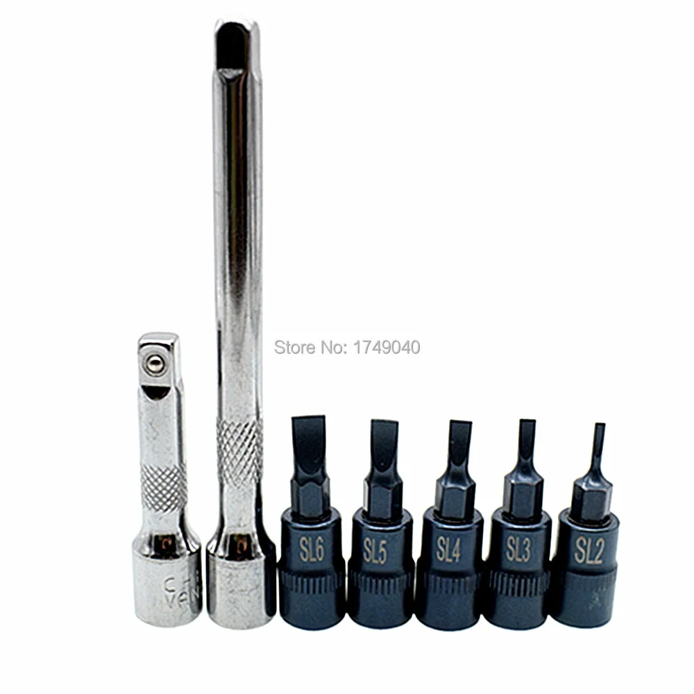 Slotted Bit Socket 5pc Set SL2 to SL6 Screwdriver Bit 1/4" Drive Socket Bits and 2pcs 1/4" Square Drive Sockets Extension Bar
Slotted Bit Socket 5pc Set SL2 to SL6 Screwdriver Bit 1/4" Drive Socket Bits and 2pcs 1/4" Square Drive Sockets Extension Bar