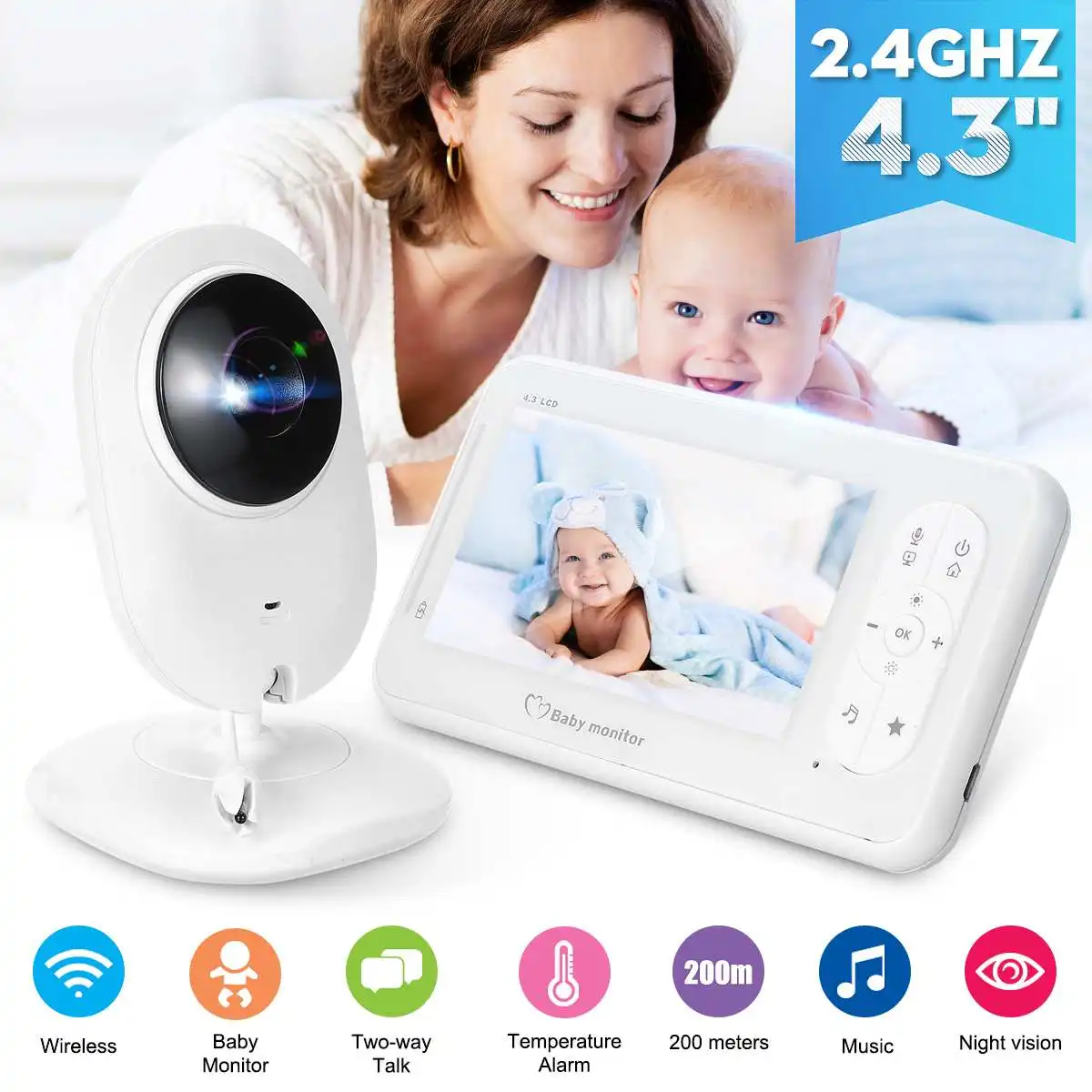 4.3 inch Wireless LCD Audio Video Baby Monitor Nanny Music Intercom IR Night Vision 24h Portable Baby Camera Baby Walkie Talkie
4.3 inch Wireless LCD Audio Video Baby Monitor Nanny Music Intercom IR Night Vision 24h Portable Baby Camera Baby Walkie Talkie