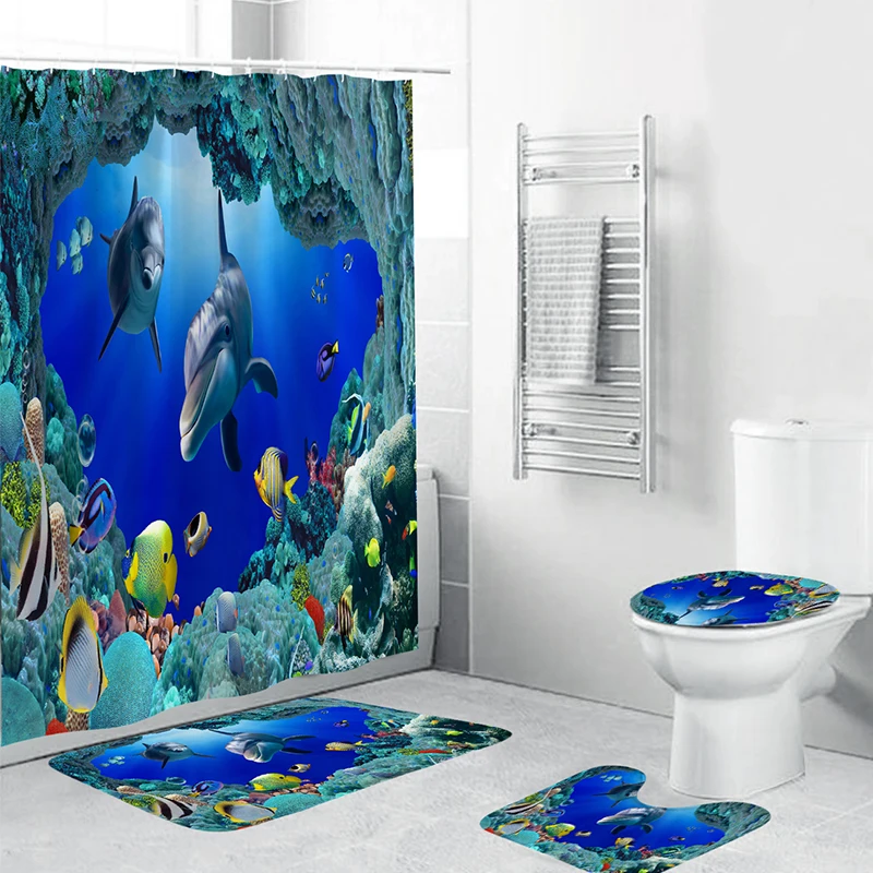 LANGRIA 4 pcs Bathroom Shower Curtain Dolphin Durable Waterproof Bath Curtain Sets Toilet Cover Mat Non-Slip Bathroom Rug Set
LANGRIA 4 pcs Bathroom Shower Curtain Dolphin Durable Waterproof Bath Curtain Sets Toilet Cover Mat Non-Slip Bathroom Rug Set