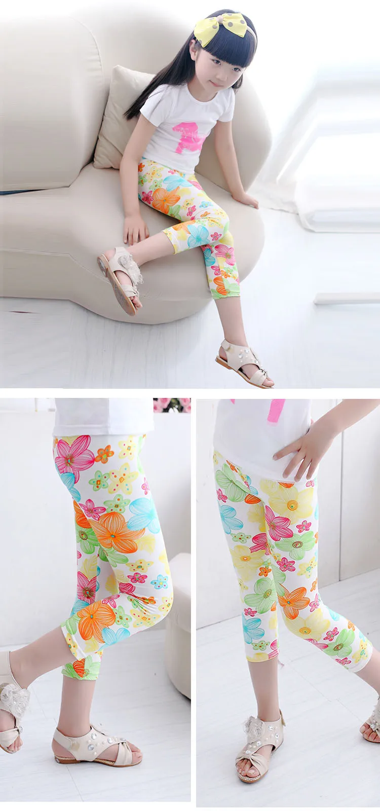 3-10years Girls Cropped Trousers Floral Print Flower Kids Calf Length Skinny Pants Stretch Leggings Children All-matches Bottoms