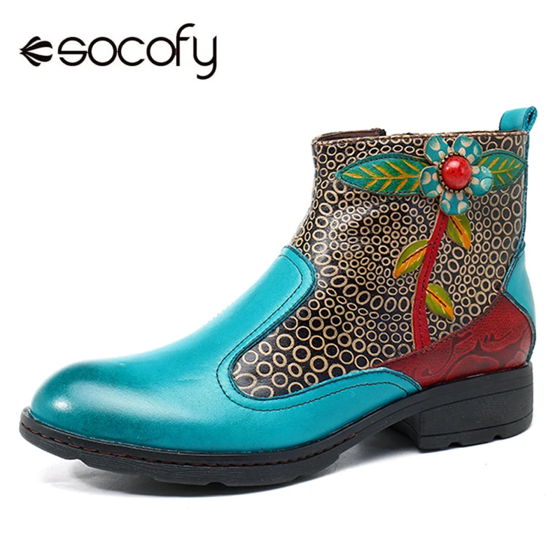 Фото Socofy/женские ботинки из натуральной кожи в стиле ретро на плоской - купить