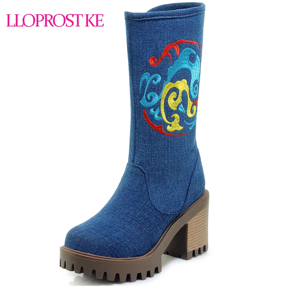 Lloprost ke Women Denim Sexy Thick High Heels Mid Calf Boots Female Round Toe Zipper Stiletto Shoes Ladies Fashion Botas D509
Lloprost ke Women Denim Sexy Thick High Heels Mid Calf Boots Female Round Toe Zipper Stiletto Shoes Ladies Fashion Botas D509
