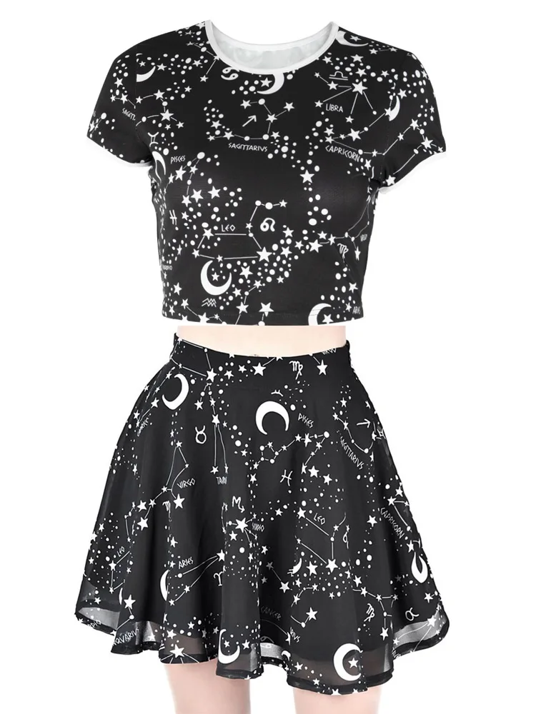 Summer Women Fashion 2 Piece Suit Short T Shirt & Tutu Skirt Suits Star Moon Print Punk Tracksuits Crop Top Skirts Faldas Set
Summer Women Fashion 2 Piece Suit Short T Shirt & Tutu Skirt Suits Star Moon Print Punk Tracksuits Crop Top Skirts Faldas Set