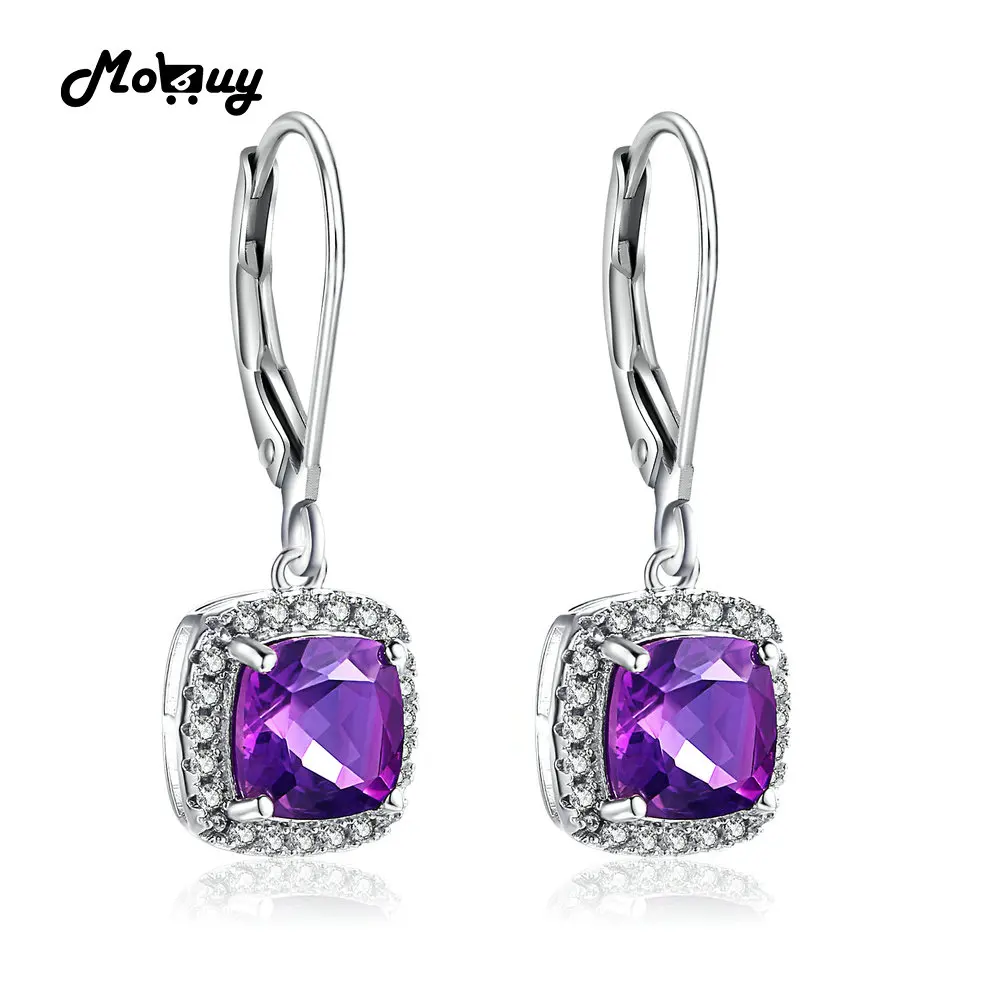 

MoBuy MBEI001 Cushion Natrual Gemstone Amethyst Drop/Dangle Earring 925 Sterling Silver White Gold Plated Fine Jewelry For Women