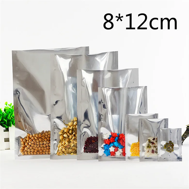 Фото 8*12cm 200Pcs/Lot Open Top Silver Aluminium Foil Clear Bag Heat Seal Vacuum Pouches Package Food Storage Pack Packing Bags | Дом и сад