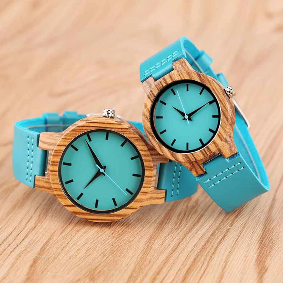 Fashion Blue Wooden Bamboo Quartz-watch Natural Wood Wristwatch Genuine Leather Creative Xmas Gift for Men Women Reloj de madera 2017 2018 (16)