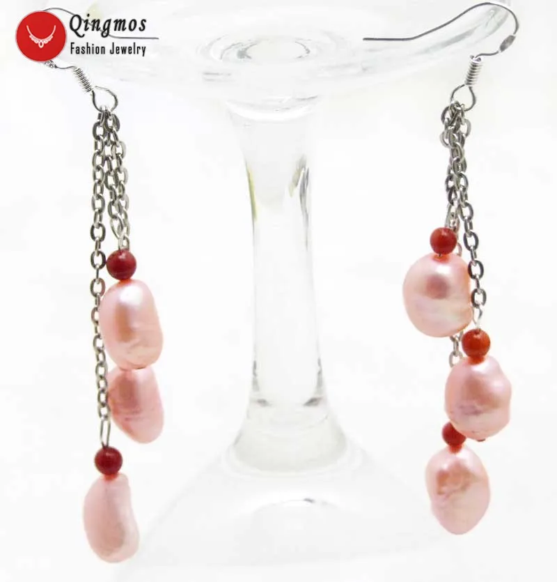 Qingmos 3 Pieces Natural Pearl Earrings for Women with 7-9mm Light Pink Baroque Freshwater Dangle 3" Jewelry e549 | Украшения и