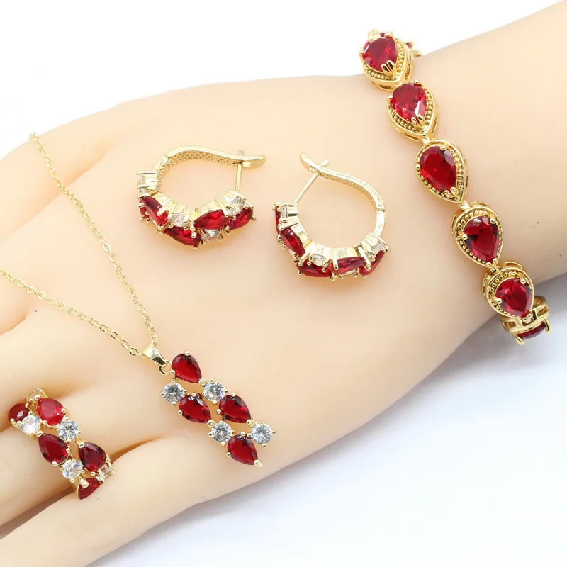 Pretty Red White CZ Gold Color 4pcs Wedding Jewelry Sets For Women Choker Bracelet Clip Earrings Ring Free Jewelry Box
Pretty Red White CZ Gold Color 4pcs Wedding Jewelry Sets For Women Choker Bracelet Clip Earrings Ring Free Jewelry Box