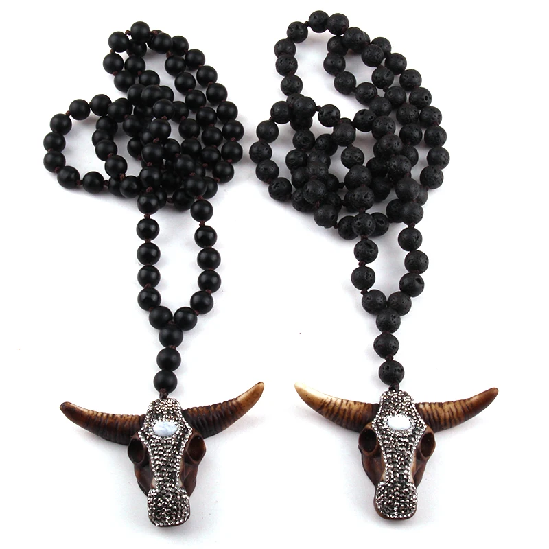 Fashion Black Lava and Stones Long Knotted Handmade Paved Bull Head Pendant Necklace For Women
Fashion Black Lava and Stones Long Knotted Handmade Paved Bull Head Pendant Necklace For Women