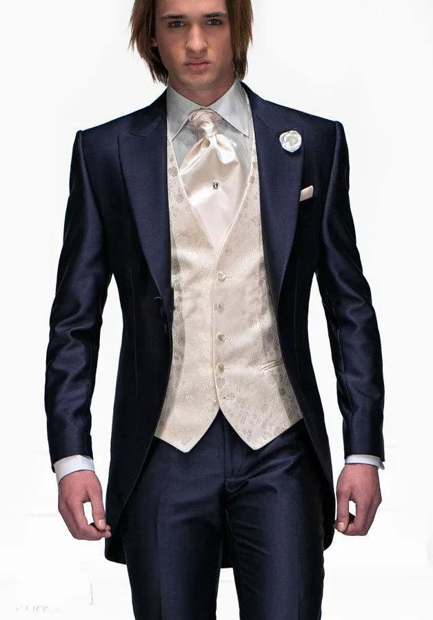 

men costume Slim Fit Morning Style Groom Tuxedos Navy Blue Groomsman Peak Lapel Men Wedding Suits Bridegroom(Jacket+Pants+Vest)