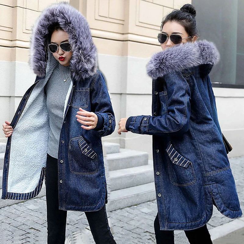 European Ladies Winter Jeans Jacket Hooded big fur collar Denim jacket female Warm Wool lining Jean Coat Women Large size 5XL
European Ladies Winter Jeans Jacket Hooded big fur collar Denim jacket female Warm Wool lining Jean Coat Women Large size 5XL