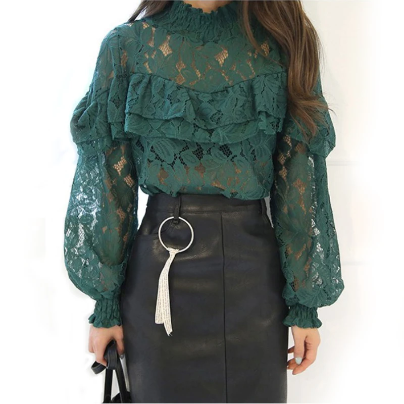 White/Green/Black Long Sleeve Lace Blouse Tops High Neck Ruffle Trim Floral Crochet Blousa Trumpet Sleeves
White/Green/Black Long Sleeve Lace Blouse Tops High Neck Ruffle Trim Floral Crochet Blousa Trumpet Sleeves