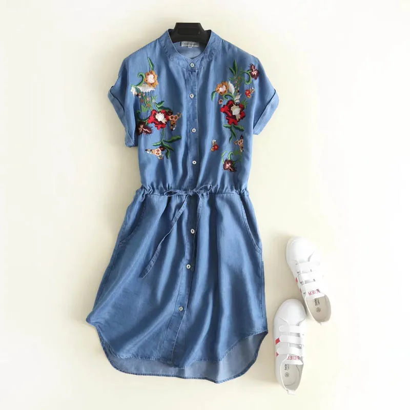 QZ369 Women fashion red floral embroidery stand collar drawstring slim denim dress chic short sleeve soft tencel jeans dresses
QZ369 Women fashion red floral embroidery stand collar drawstring slim denim dress chic short sleeve soft tencel jeans dresses