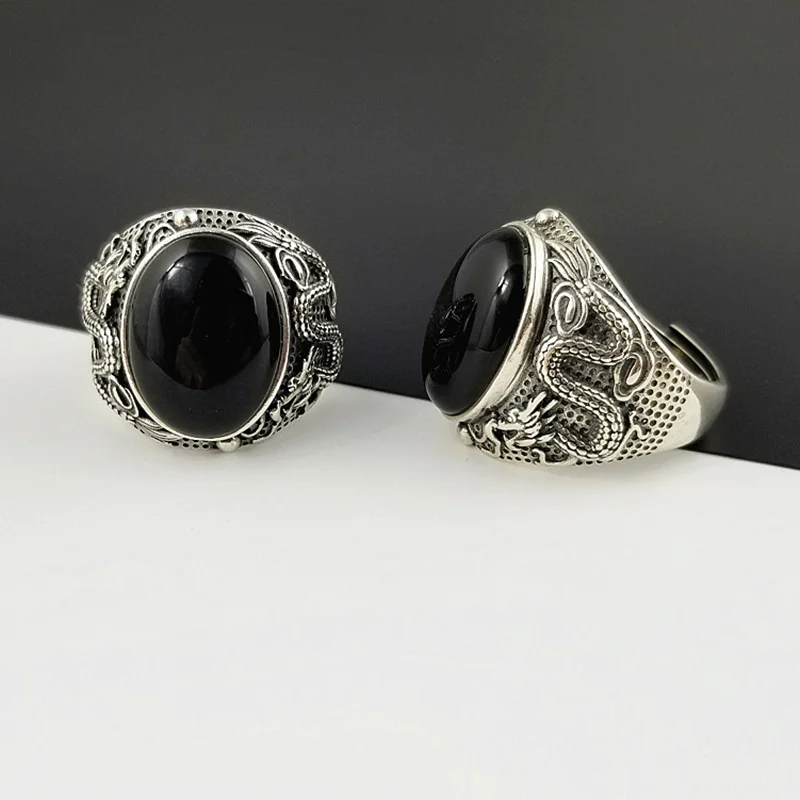925 Sterling Silver Rings For Man With Stones Natural Black Onyx Dragon Engraved Retro Vintage Men's Rings Adjustable
925 Sterling Silver Rings For Man With Stones Natural Black Onyx Dragon Engraved Retro Vintage Men's Rings Adjustable