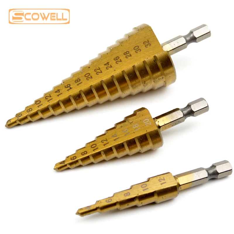 30% off 3pcs Step Drill Bits For Wood Working 4-12mm 4-20mm 4-32mm Metric 4/8/14 Steps Titanium Coated | Инструменты