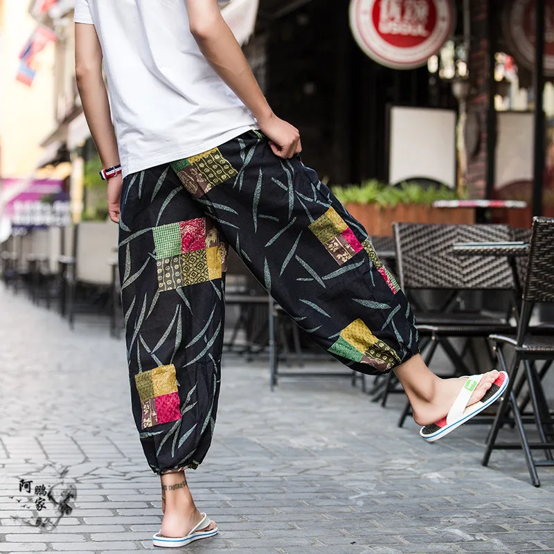 

Men Linen Trousers Quality Cotton Hip Hop Indie Folk Pants Printing Casual Harem Pants Masculina Bermuda Nepal Thailand Styles