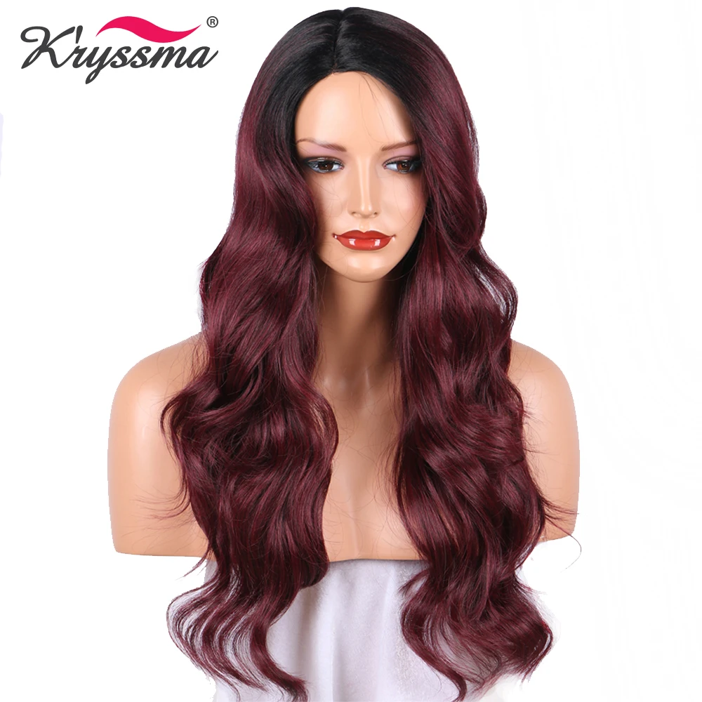 

Red Wine Synthetic Wig Ombre Long Wavy Wigs for Women Black Roots to Burgundy #99j 22 Inches Deep Parting Heat Resistant Fiber