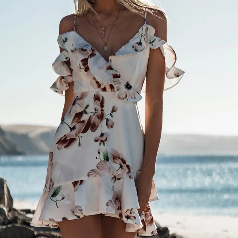 

Floral print deep V neck slim ruffles A-line dresses femme Fashion summer above knee mini Sundress 2019 Casual beach tanks tops