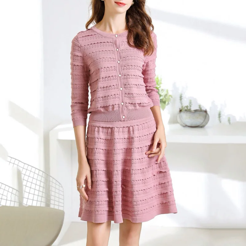 Sweet Pink Knitted 2 Piece Set Women 2019 Hollow Out Ruffles Short Sleeve Single-breast Cardigan Tops and A-line Mini Skirt Suit
Sweet Pink Knitted 2 Piece Set Women 2019 Hollow Out Ruffles Short Sleeve Single-breast Cardigan Tops and A-line Mini Skirt Suit