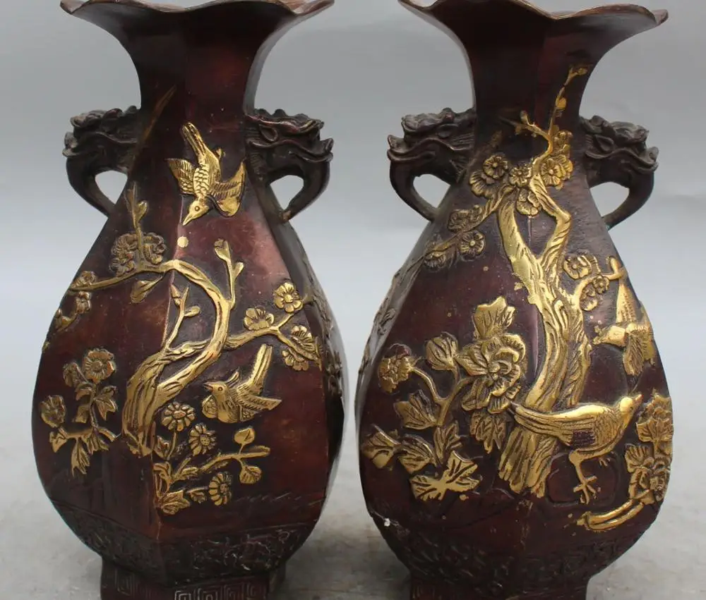 8" Chinese Dynasty Palace Bronze Gilt Dragon Head Bird Flower Vase Bottle Pair
8" Chinese Dynasty Palace Bronze Gilt Dragon Head Bird Flower Vase Bottle Pair