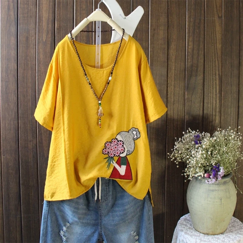 Yellow Bright Color Summer Green Lovely Girls Flower Embroidery Tee Shirt Women Short Sleeve Loose Cotton Linen T-shirts Femme
Yellow Bright Color Summer Green Lovely Girls Flower Embroidery Tee Shirt Women Short Sleeve Loose Cotton Linen T-shirts Femme