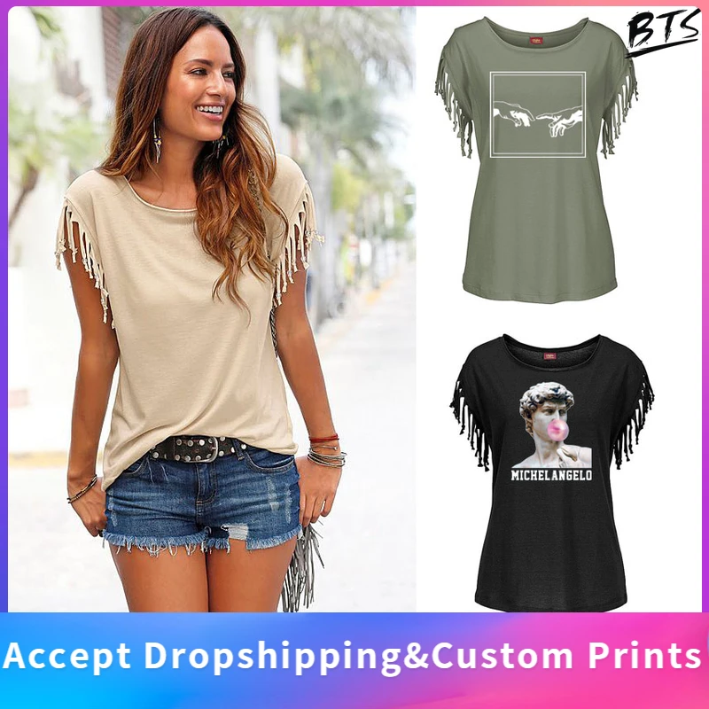 T Shirt 2019 Fashion Printed Women Cotton Tassel Casual T-shirt Sleeveless Tees Short Sleeve O-neck Women's Clothing Design
T Shirt 2019 Fashion Printed Women Cotton Tassel Casual T-shirt Sleeveless Tees Short Sleeve O-neck Women's Clothing Design