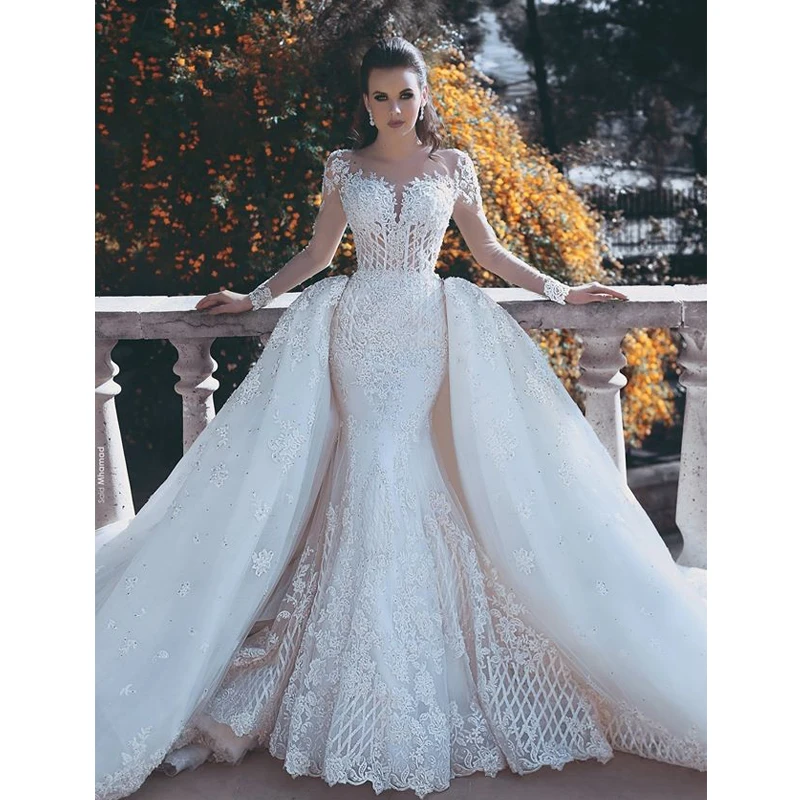 Sexy Mermaid Long Sleeves Wedding Gowns Sheer Neck Appliques Tulle Detachable Train Saudi Arabic Dubai Bridal Gowns Women Dress
Sexy Mermaid Long Sleeves Wedding Gowns Sheer Neck Appliques Tulle Detachable Train Saudi Arabic Dubai Bridal Gowns Women Dress