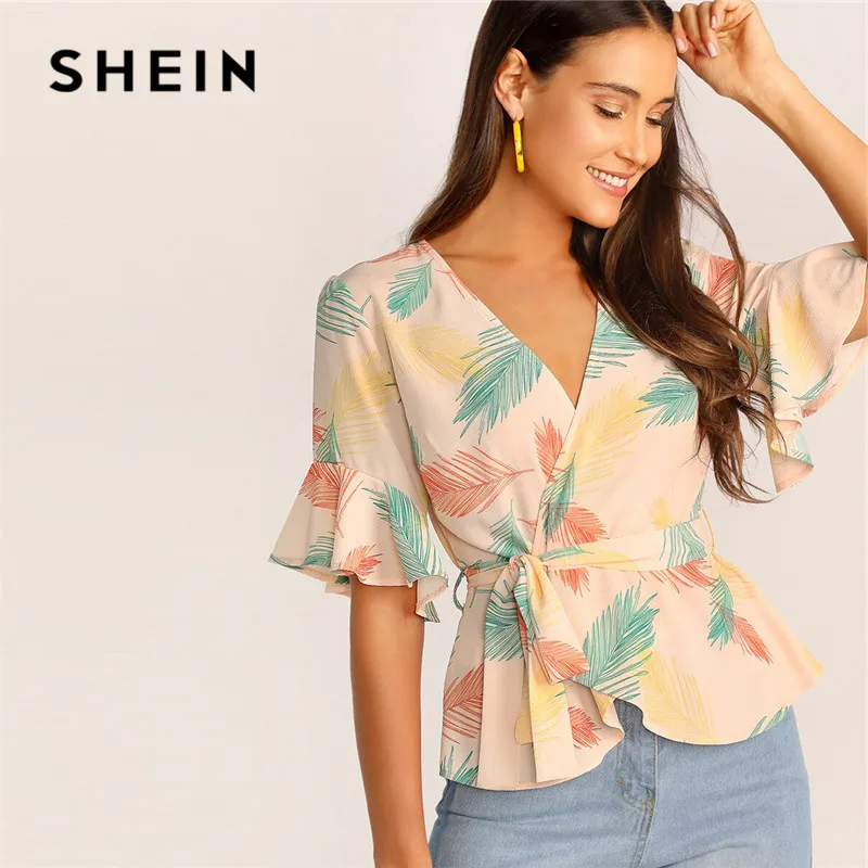 

SHEIN Plunging Neck Pompom Detail Lace Insert Womens Tops And Blouses Summer Sexy Short Sleeve White Blouse V Neck Ladies Tops