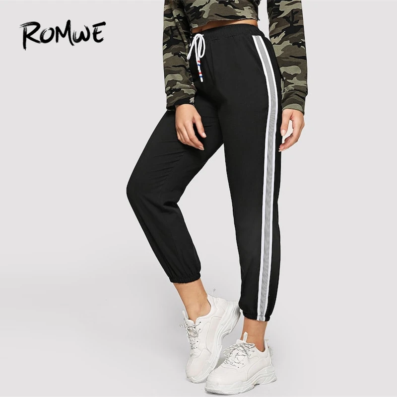 ROMWE Striped Side Drawstring Waist Pants 2019 Casual Mid Waist Black Sweatpants Stylish Spring Autumn Women Crop Trousers
ROMWE Striped Side Drawstring Waist Pants 2019 Casual Mid Waist Black Sweatpants Stylish Spring Autumn Women Crop Trousers
