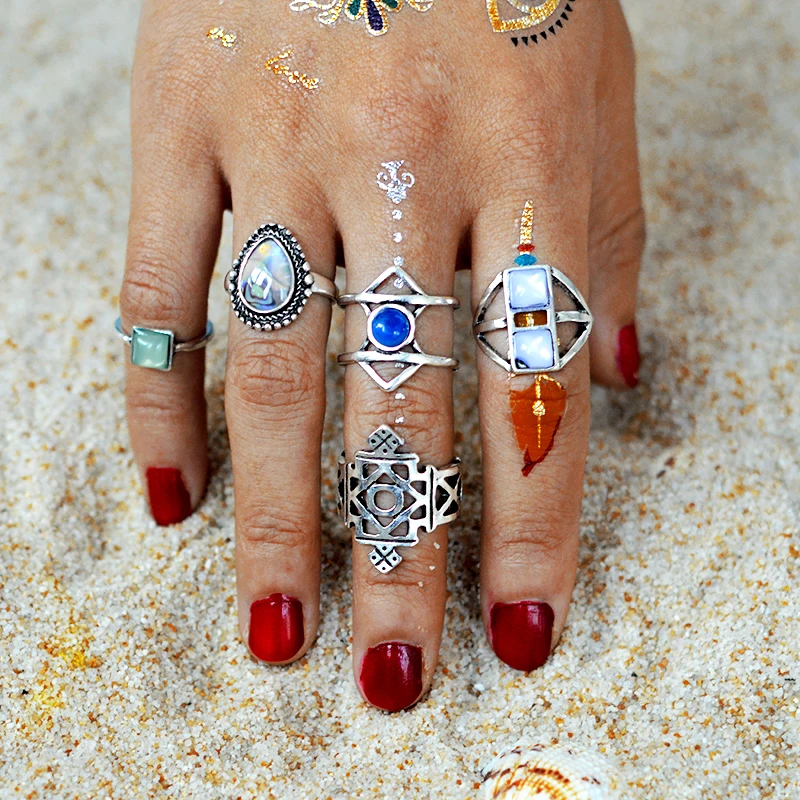 

5 pz/Set Ancient silver Irregular Geometry Cutout Stone Triangle Arrow Emulation Gem Vintage Bohemian Ring Gypsy Jewelry