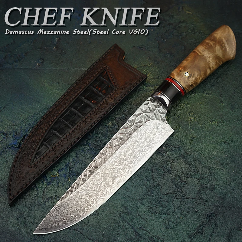 FZIZUO 6.8"Damascus Steel VG10 Chef's Knife Japanese Style Gyuto Knife Kitchen Cooking Tools With Handmade Carved Leather Sheath
FZIZUO 6.8"Damascus Steel VG10 Chef's Knife Japanese Style Gyuto Knife Kitchen Cooking Tools With Handmade Carved Leather Sheath
