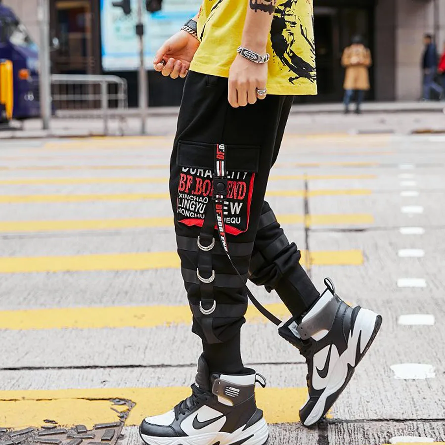 Брюки карго повседневные штаны для бега в стиле хип хоп с карманами лентами и