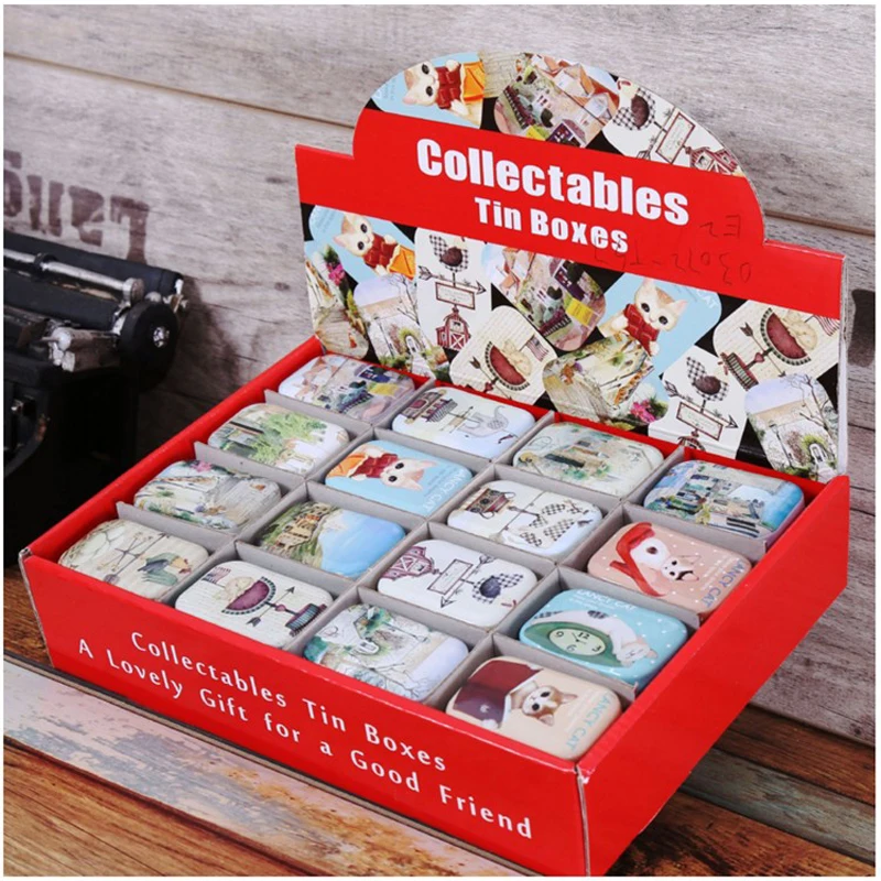 Image 2016 New Design 12pcs lot Vintage Small Tin Box Candy Coin Headset Metal Storage Box Cat Print Organizer Case 16design Mix Pack