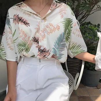 

Short Sleeve Palm Leaf Print Blouse Women Floral Casual Summer Loose Hawaiian Shirts Beach Bikini Cover Ups Beach Shirts Women