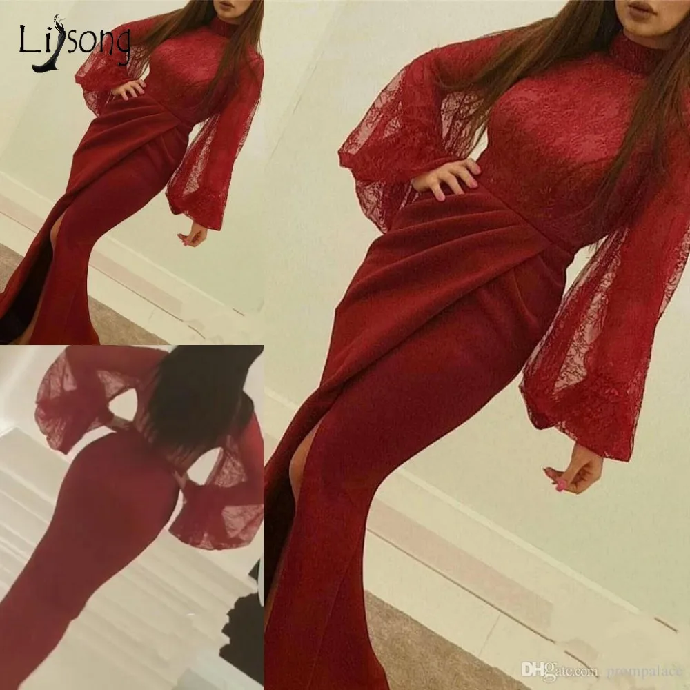 Suadi Arabic Red Lace Prom Dresses With Puff Full Sleeves High Collar Muslim Long Mermaid Prom Gowns Side Split Abiye New
Suadi Arabic Red Lace Prom Dresses With Puff Full Sleeves High Collar Muslim Long Mermaid Prom Gowns Side Split Abiye New