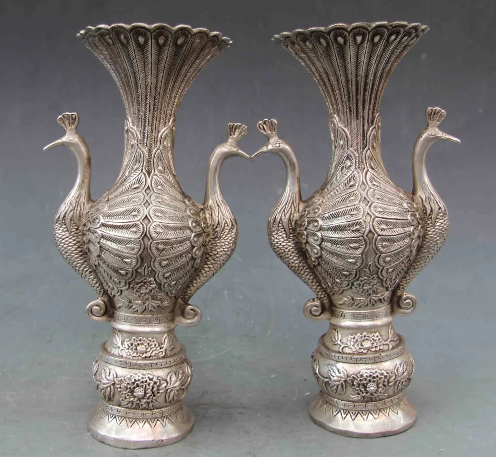 

10 Folk Classical White Copper Silver double bird Zun Cup Bottle Pot Vase Pair copper Decoration real Brassroom Art Statue