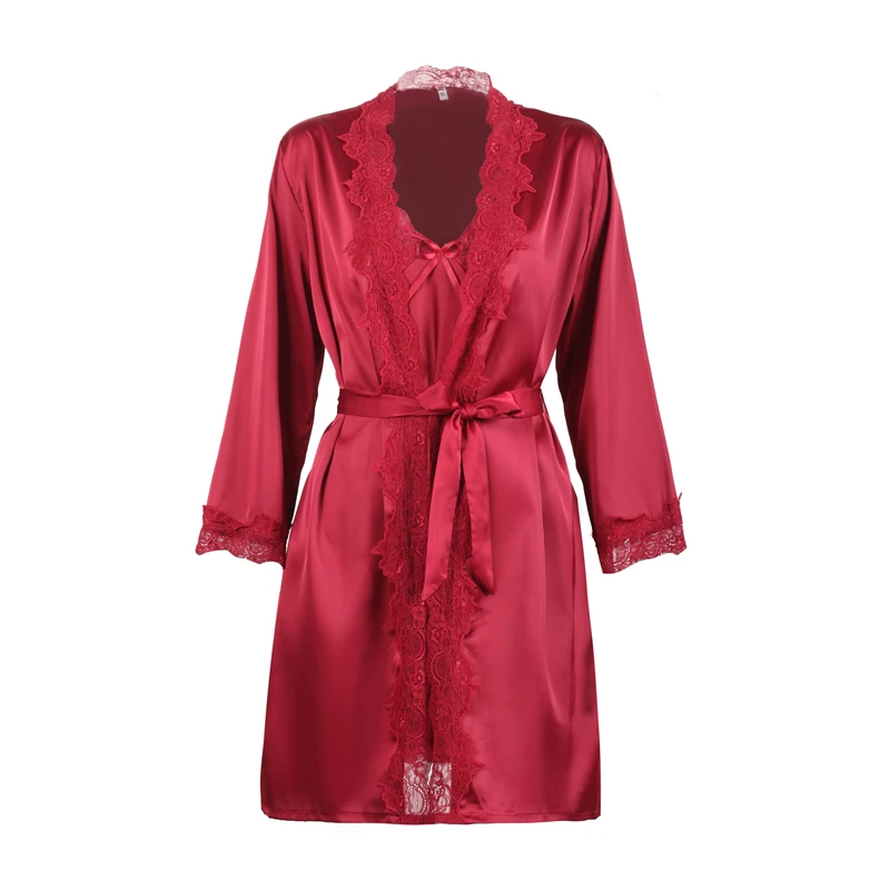 Long Sleeve Lace Stain Robes and Gowns Sets Women Faux Silk Cardigan Robe Backless Night Dress Sleepwear Home Negligees
Long Sleeve Lace Stain Robes and Gowns Sets Women Faux Silk Cardigan Robe Backless Night Dress Sleepwear Home Negligees